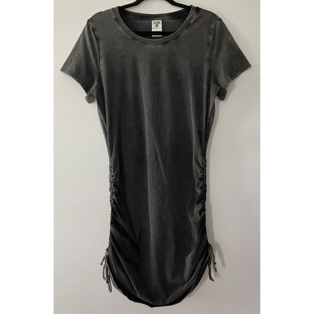 PINK Ruched T-Shirt Dress Short Sleeve Gray Knit Women XL-(dmp)